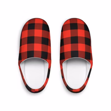 Buffalo Check Fleece Slippers: Red Black Plaid Print House Shoes