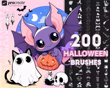 Procreate halloween brushes. Procreate spooky, ghost, bat, pumpkin, witch, skull, fly agaric stamps. Procreate chibi doodle brush stamp