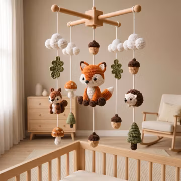 Woodland Crochet Baby Mobile, Fox Crib Mobile, Handmade Nursery Decor, Neutral Forest Animal Mobile, Baby Shower Gift