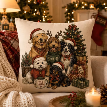 Christmas Dog Faux Linen Pillow, Holiday Throw Cushion, Vintage Pet Decor, Dog Lover Gift, Cozy Farmhouse Accent, Rustic Christmas Home