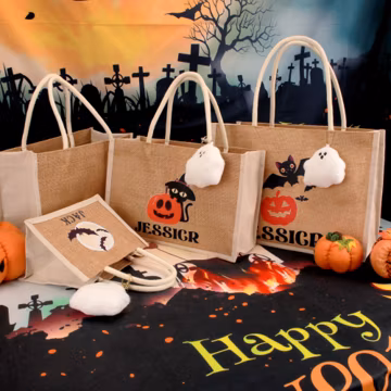 Personalized Halloween Burlap Tote Bag, Kids Trick or Treat Bag