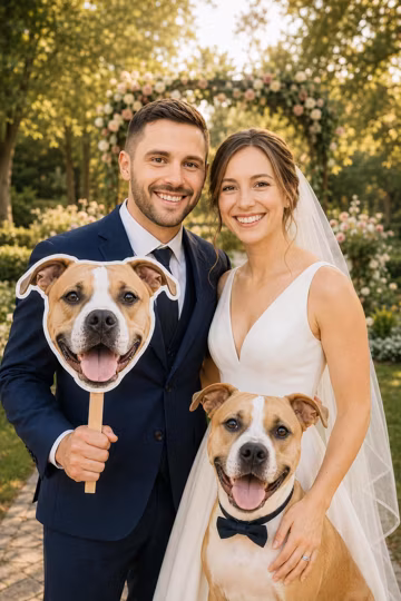 Custom Pet Face on Stick | Pet Dog Face Wedding Party Photo Prop | Bride & Groom Handheld Sign | Funny Marriage Decoration | Pet Portrait