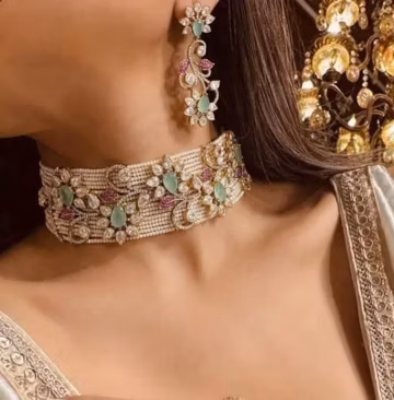 Mint green pearl choker necklace set with earrings indian bridal cz choker set kundan ruby floral choker Pakistani wedding jwellery set