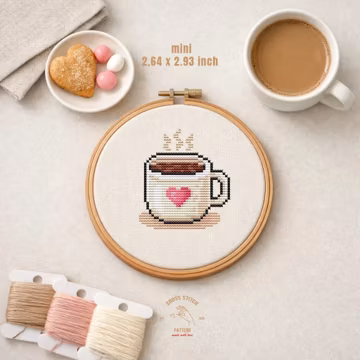 Mini Coffee Cup Cross Stitch Pattern PDF, Easy Beginner Embroidery, Small Cute Mug with Heart, Kawaii Quick Stitch Design Instant Download