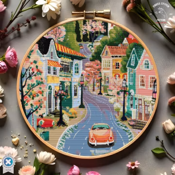 Colorful Village Houses cross stitch pattern Folk art town Floral cottage embroidery City Forest Landscape cross stitch Nature cottagecore