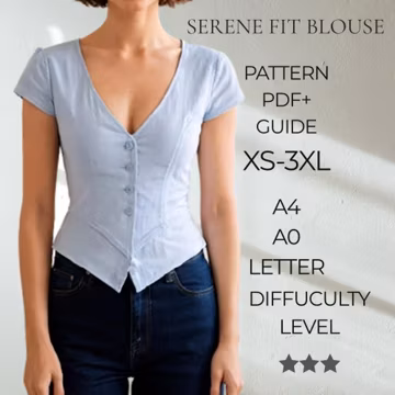 V neck Button Up Top Short Sleeve Blouse Sewing Pattern,Linen Shirt Pattern,Peplum Hem,Fitted Blouse Top,Summer Shirt,Plus Size, Easy PDF