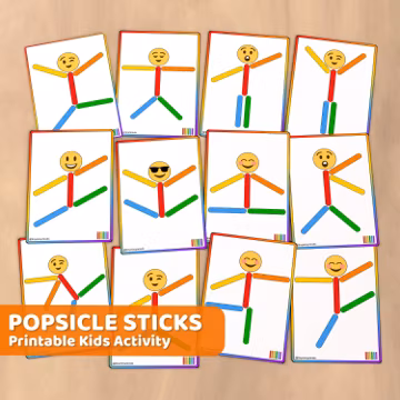 Popsicle Stick Stickman Activity Cards, Printable Learning Games, Printables for Kids Homeschool Preschool Kindergarten Resources