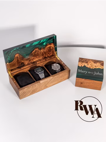 TEMPO β Epoxy & Wood Watch Box for Men. Engraved watch case as unique anniversary gift for husband