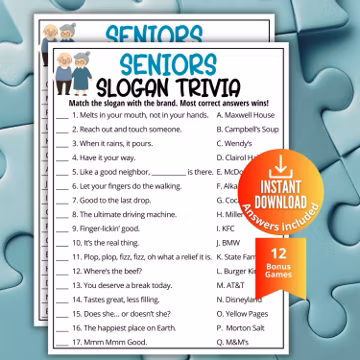 Senior Slogan Trivia Game, Ad Slogan Match Up Quiz, Printable TV Commercial Game for Boomers, Senior Memory Brain Games, Older Adult TV Quiz