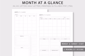 Printable Monthly Planner: Goals, Bills, To-Do List (A5, A4, Letter PDF/PNG)