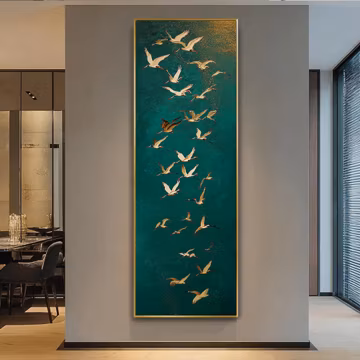 Large Vertical Chinese Crane Wall Art, Green Gold Cranes Painting, Modern Luxury Entryway Wall Decor, Oriental auspicious Art
