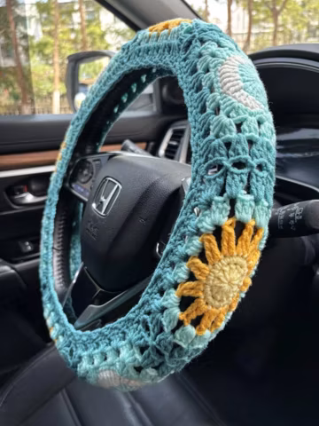 Crochet Sun Moon Steering Wheel Cover: Car Interior Decor
