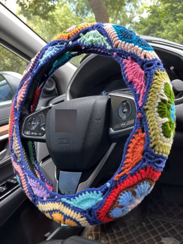 Crochet Galsang Flower Car Steering Wheel Cover: Denim Blue Interior