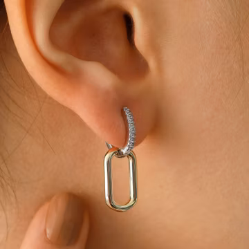 14k Gold Oval Dual Hoop Earrings | CZ Halo Two-Tone Dangling