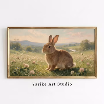Rabbit Samsung Frame TV Art, Vintage Bunny Painting, Clover Meadow Landscape, Soft Farmhouse Cottagecore Nursery Decor Digital Download