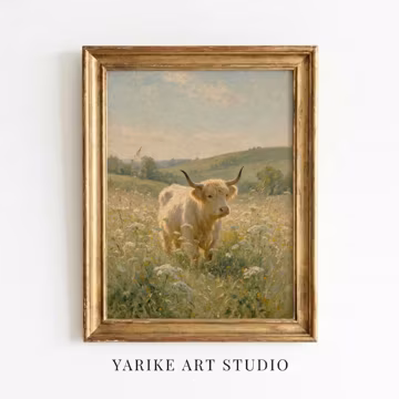 White Highland Cow Printable Wall Art, Vintage Farm Animal Painting, Pastoral Meadow Landscape, Rustic Cottagecore Decor Digital Download