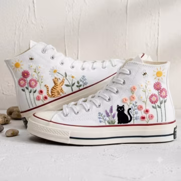Personalized Cat Embroidered High Top Sneakers, Custom Pet Portrait Floral Canvas Shoes, Wildflower Cat Converse Style Gift for Cat Lovers