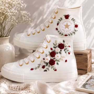 Custom Wedding Converse Platform, Burgundy Bridal Flower Embroidered Platform Shoes, Sneakers Embroidered Burgundy Bouquets, Wedding Gifts