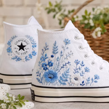 Custom Embroidered Converse Sneakers, Blue Floral High Top Shoes, Botanical Wedding Sneakers, Personalized Gift For Her
