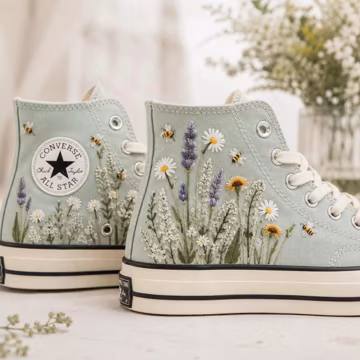 Wildflower Embroidered Converse High Tops, Bee Daisy Floral Sneakers, Cottagecore Garden Shoes, Nature Lover Gift