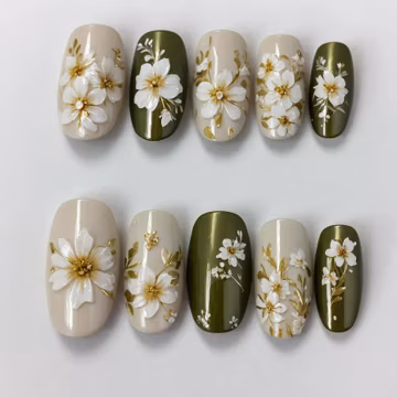 Handmade Jasmine Flower Press On Nails – Olive Green & Gold Floral 3D Nails | Elegant Botanical Nails | Reusable Fake Nails Set