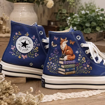 Fox Embroidered Converse High Tops, Book Lover Floral Sneakers, Navy Cottagecore Shoes, Custom Nature Lover Gift