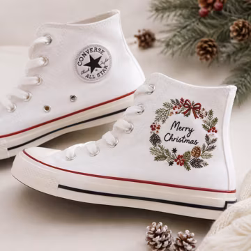 Embroidered Christmas Wreath High Top Sneakers, Merry Christmas White Canvas Shoes, Festive Holiday Sneakers, Christmas Gift for Her