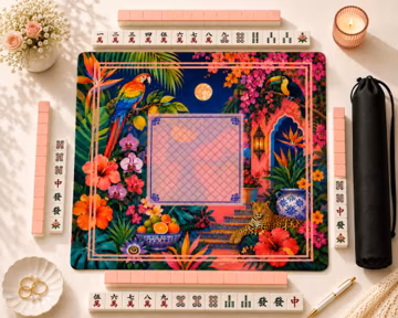 Jungle Mahjong Mat, Tropical Bird & Leopard Game Cover, Botanical Non-Slip Neoprene Quiet Play Mat Gift