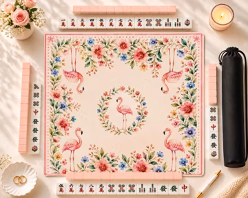 Pink Flamingo Mahjong Mat, Tropical Floral Garden Game Mat, Summer Mahjong Table Cover & Hostess Gift (with Carry Bag)
