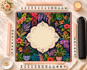 Tropical Botanical Mahjong Table Mat, Colorful Floral Garden Game Pad, Maximalist Mahjong Player Gift