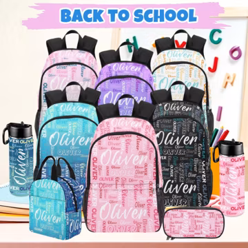 Personalized Name Backpack Set: Custom Text School Bag, Pencil Pouch, Lunchbox & Water Bottle