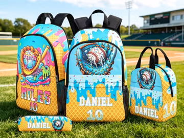 Personalized Baseball Ice Cream Drip Backpack: Custom Kids School Bag, Lunch Bag, Pencil Case