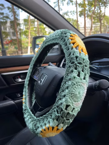 Cute Sun Moon Steering Wheel Cover,Crochet Green Steering Wheel Cover and Seat Belt Cover For Women,New Stely Car Accessory,Gift For Her