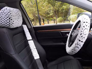 Handmade Crochet Car Headrest Cover Set: Steering Wheel & Seatbelt Cover