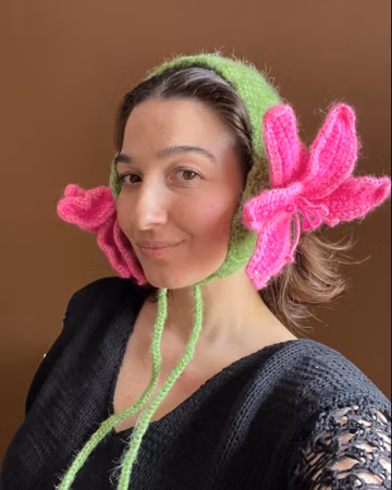 Pink Lily Crochet Headband: Green Cotton Festival Hair Accessory ,Handmade Crochet Flower Crown