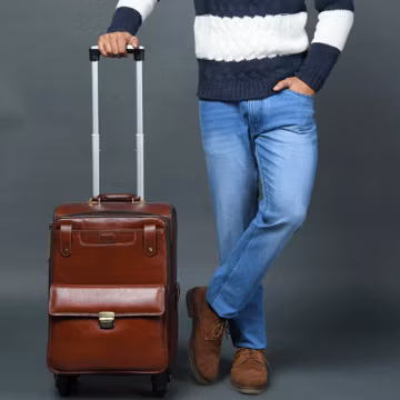 Handcrafted Buffalo Leather Carry-On Trolley Bag: 18-inch, Cherry Red-Brown