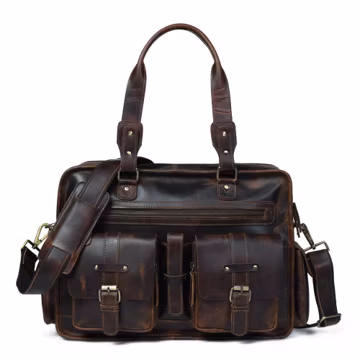 Buffalo Leather Large Briefcase, Laptop Top Handle Briefcase Bag, Adjustable Strap, 16-inch, Dark Brown