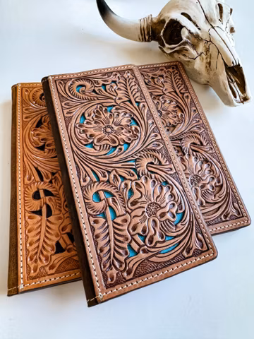 TEXAS LEATHER WALLET Genuine Tooled Leather | Bifold Tooling Western Unisex Long Checkbook | gift