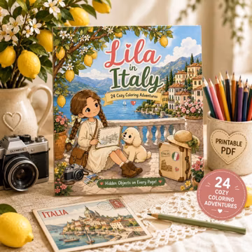 Lila in Italy Coloring Book for Kids | 24 Cozy Italy Coloring Pages | Printable PDF | Hidden Objects Activity | Instant Download