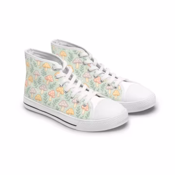 Whimsical Mushroom Print High Top Sneakers, Trendy High Tops, Women's Casual Shoes, Nature-Inspired Footwear, Gift for Plant Lovers