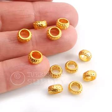 22k Gold Plated Hoop Beads, Large Hole Round Spacer Beads, 6pc