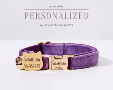 Fancy Purple Velvet Cat Collar Bowtie, Personalized Cat Collar Leash, Engraved Dog Tag, Handmade Luxury Cat Collar for Puppy Collar