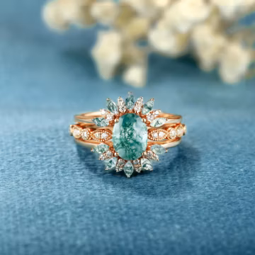 Moss Agate Enhancer bridal set Marquise engagement ring Anniversary milgrain Wedding Band Curved Double ring set Diamond moissanite ring