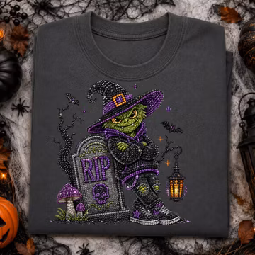 Cute Halloween Witch Goblin PNG, Spooky Green Monster on Moon PNG, Haunted Castle Clipart, Sublimation Design, Halloween Shirt PNG