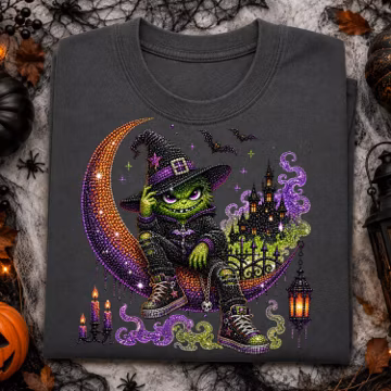 Cute Halloween Witch Goblin PNG, Spooky Green Monster on Moon PNG, Haunted Castle Clipart, Sublimation Design, Halloween Shirt PNG