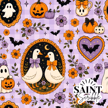 Spooky Ghost Halloween Goose Cuties – Floral Gingham Seamless Pattern (Digital File) purple