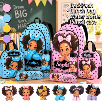 Personalized Afro Girl Backpack Set, Custom School Bag, Lunch Bag, Water Bottle