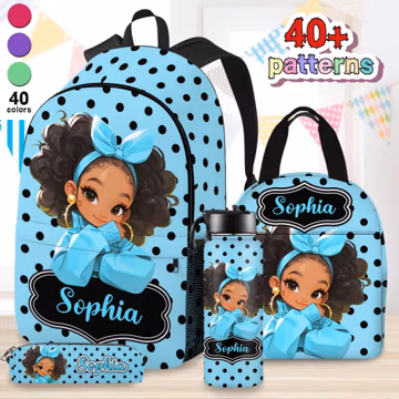 Personalized Afro Girl Backpack Set, Custom School Bag, Lunch Bag, Water Bottle