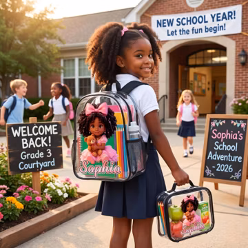 Personalized Clear Backpack Set, Waterproof PVC Kids School Bag, Custom Name Graphic