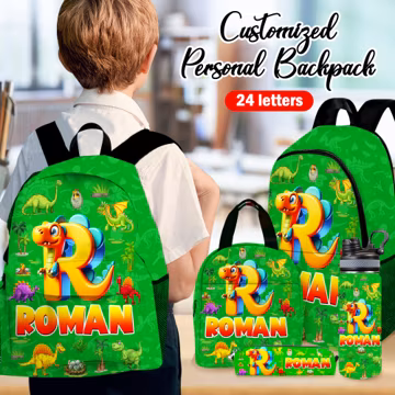 Custom Boys Dinosaur Backpack Set: Personalized Name Schoolbag, Dinosaur Lunch Bag Water Bottle